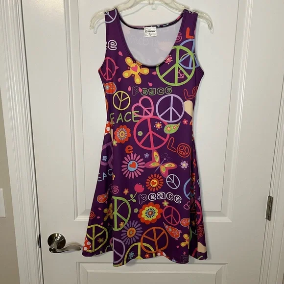 Colorful Y2K Peace Sign Butterfly Flower Power Purple Mini Dress - Picture 1 of 5